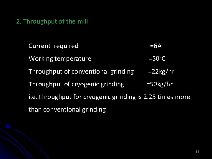 2. Throughput of the mill Current required =6 A Working temperature =50°C Throughput of