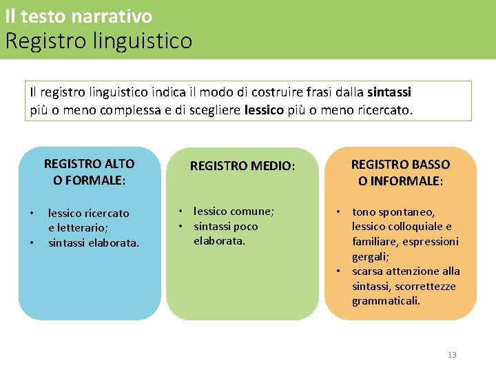 Il testo narrativo Registro linguistico Il registro linguistico indica il modo di costruire frasi Il testo narrativo Registro linguistico Il registro linguistico indica il modo di costruire frasi