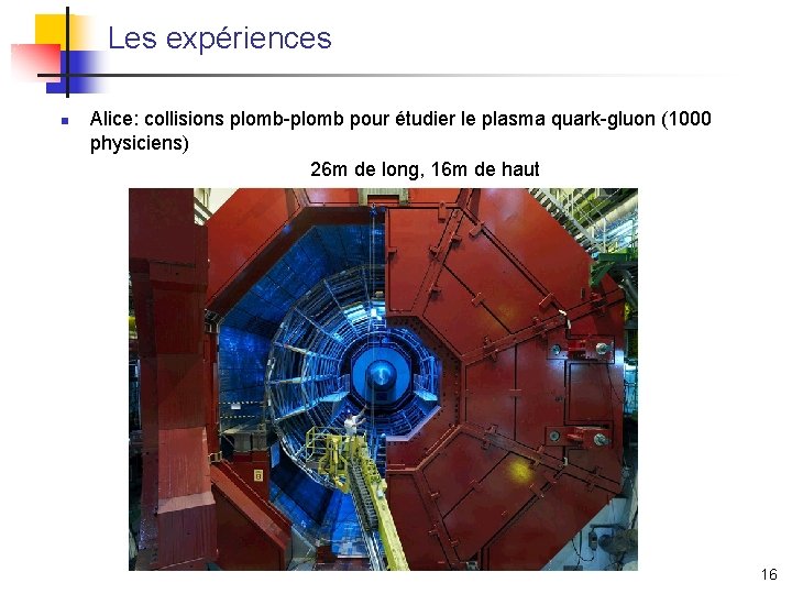 Les expériences n Alice: collisions plomb-plomb pour étudier le plasma quark-gluon (1000 physiciens) 26