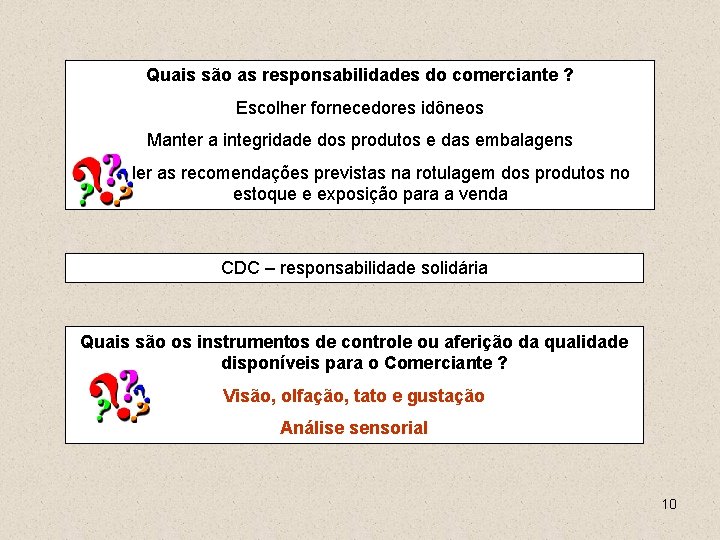Quais são as responsabilidades do comerciante ? Escolher fornecedores idôneos Manter a integridade dos
