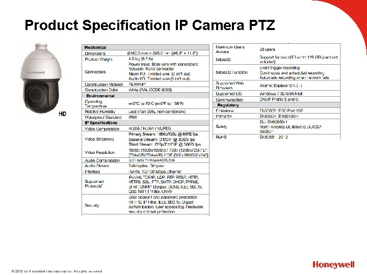 Product Specification IP Camera PTZ © 2015 by Honeywell International Inc. All rights reserved.
