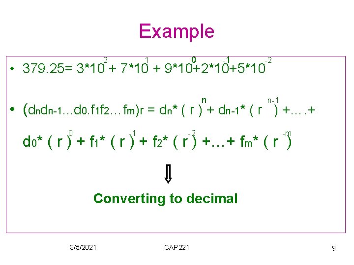 Example 2 0 1 -1 -2 • 379. 25= 3*10 + 7*10 + 9*10+2*10+5*10 Example 2 0 1 -1 -2 • 379. 25= 3*10 + 7*10 + 9*10+2*10+5*10