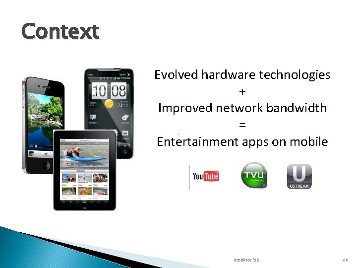 Context Evolved hardware technologies + Improved network bandwidth = Entertainment apps on mobile Mobi.