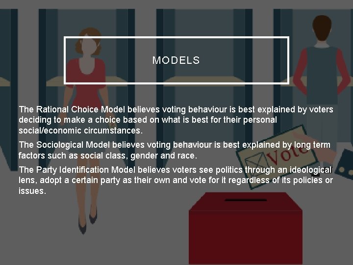 MODELS The Rational Choice Model believes voting behaviour is best explained by voters deciding