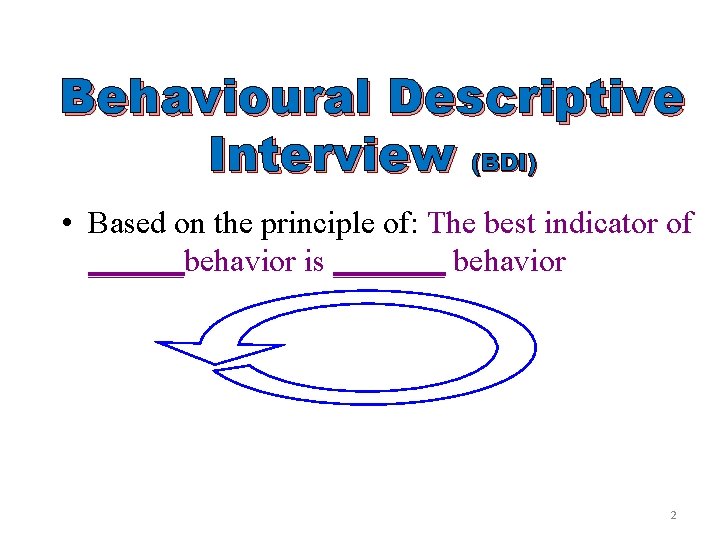 Behavioural Descriptive Interview (BDI) • Based on the principle of: The best indicator of