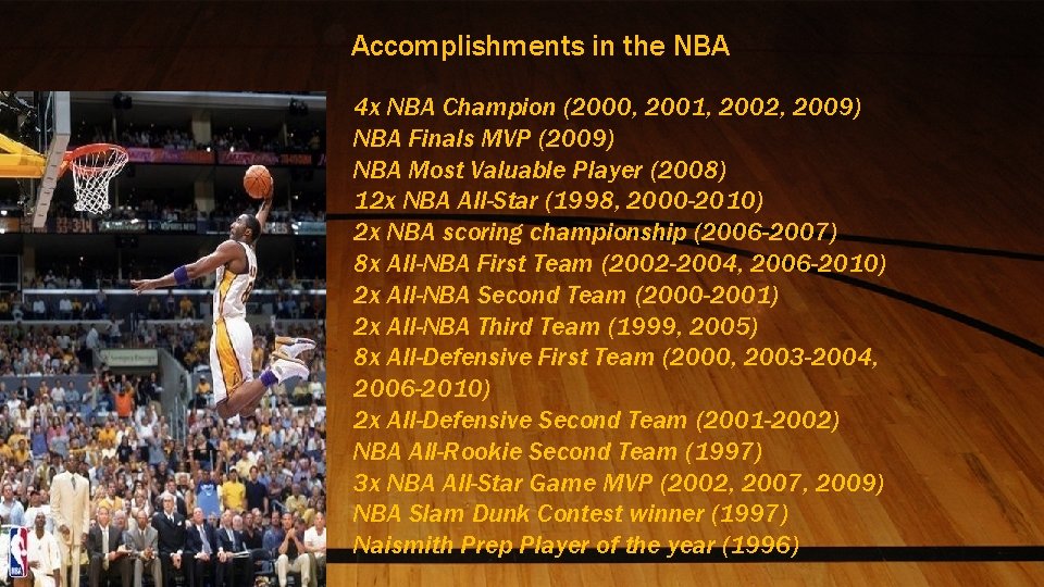 Accomplishments in the NBA 4 x NBA Champion (2000, 2001, 2002, 2009) NBA Finals