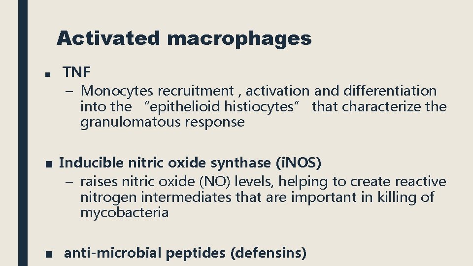 Activated macrophages ■ TNF – Monocytes recruitment , activation and differentiation into the “epithelioid