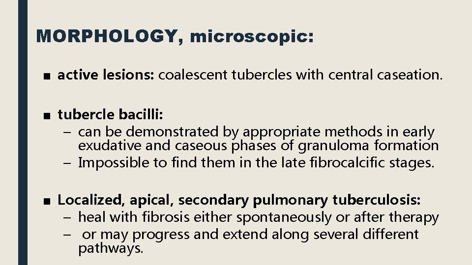 MORPHOLOGY, microscopic: ■ active lesions: coalescent tubercles with central caseation. ■ tubercle bacilli: –