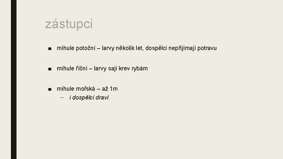 zástupci ■ mihule potoční – larvy několik let, dospělci nepřijímají potravu ■ mihule říční