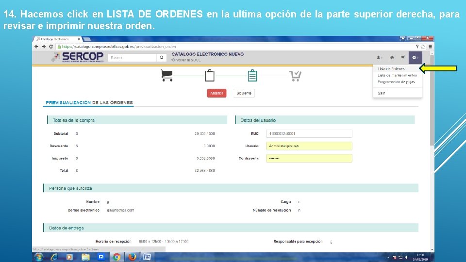 14. Hacemos click en LISTA DE ORDENES en la ultima opción de la parte