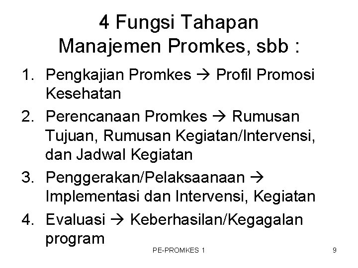 4 Fungsi Tahapan Manajemen Promkes, sbb : 1. Pengkajian Promkes Profil Promosi Kesehatan 2. 4 Fungsi Tahapan Manajemen Promkes, sbb : 1. Pengkajian Promkes Profil Promosi Kesehatan 2.