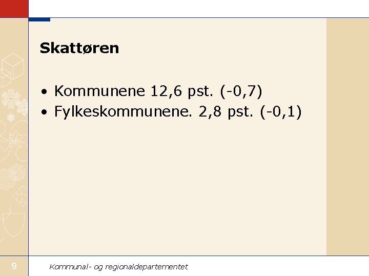 Skattøren • Kommunene 12, 6 pst. (-0, 7) • Fylkeskommunene. 2, 8 pst. (-0,