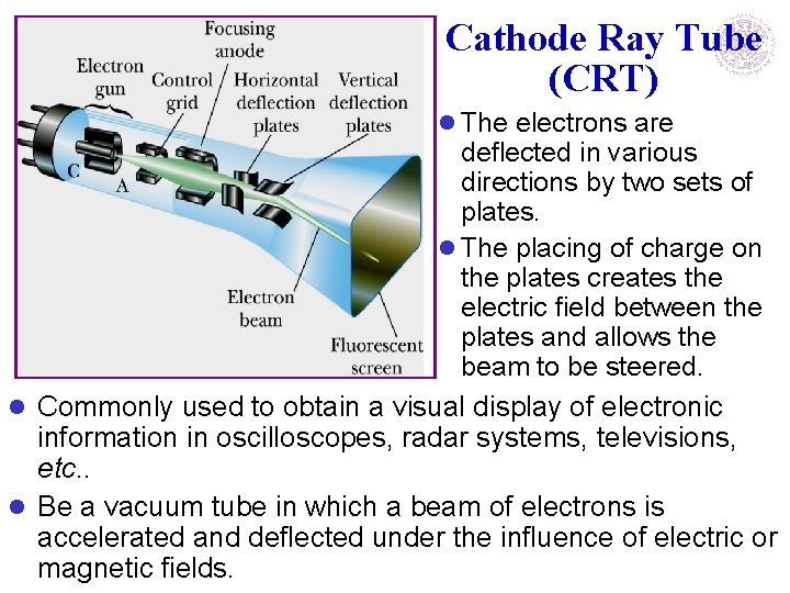 Cathode Ray Tube (CRT) l The electrons are deflected in various directions by two Cathode Ray Tube (CRT) l The electrons are deflected in various directions by two