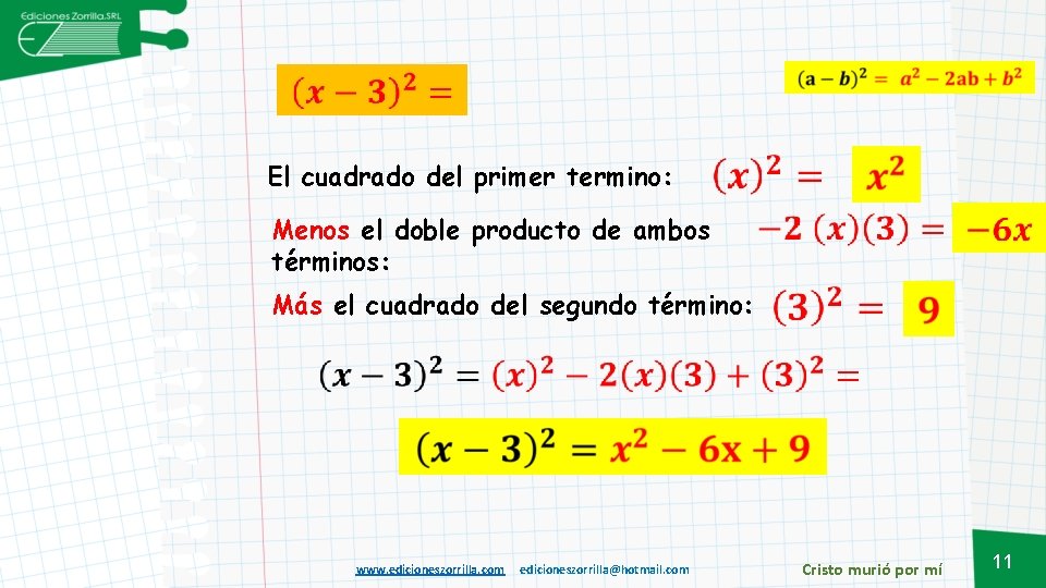  El cuadrado del primer termino: Menos el doble producto de ambos términos: Más