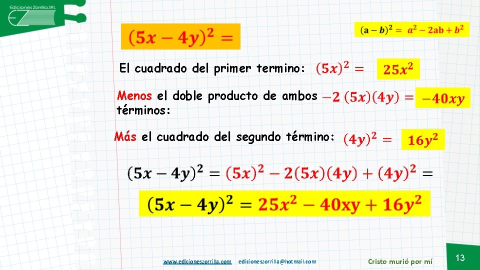  El cuadrado del primer termino: Menos el doble producto de ambos términos: Más