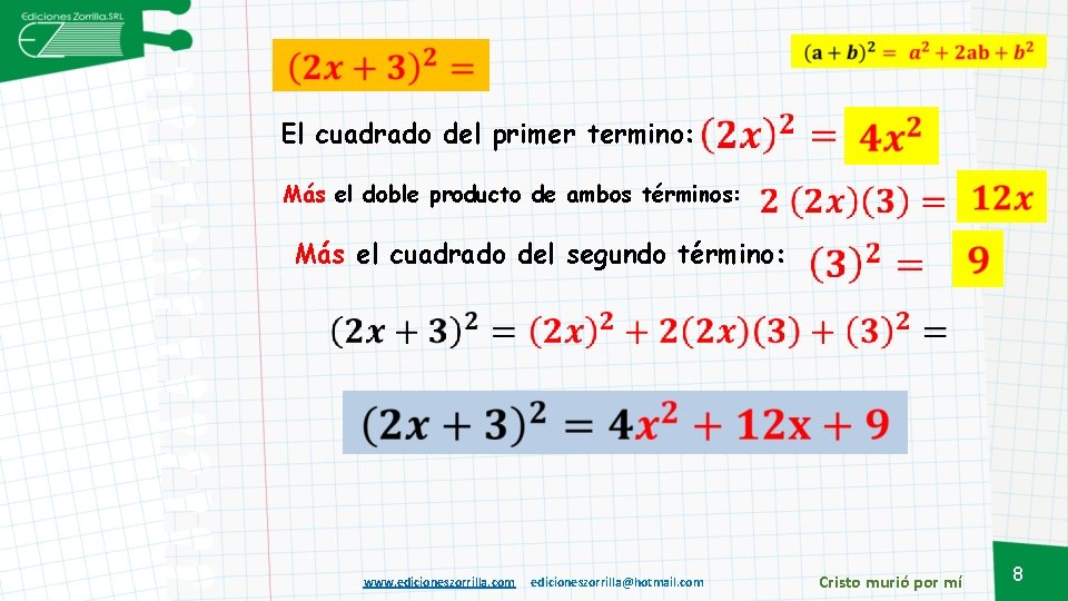  El cuadrado del primer termino: Más el doble producto de ambos términos: Más