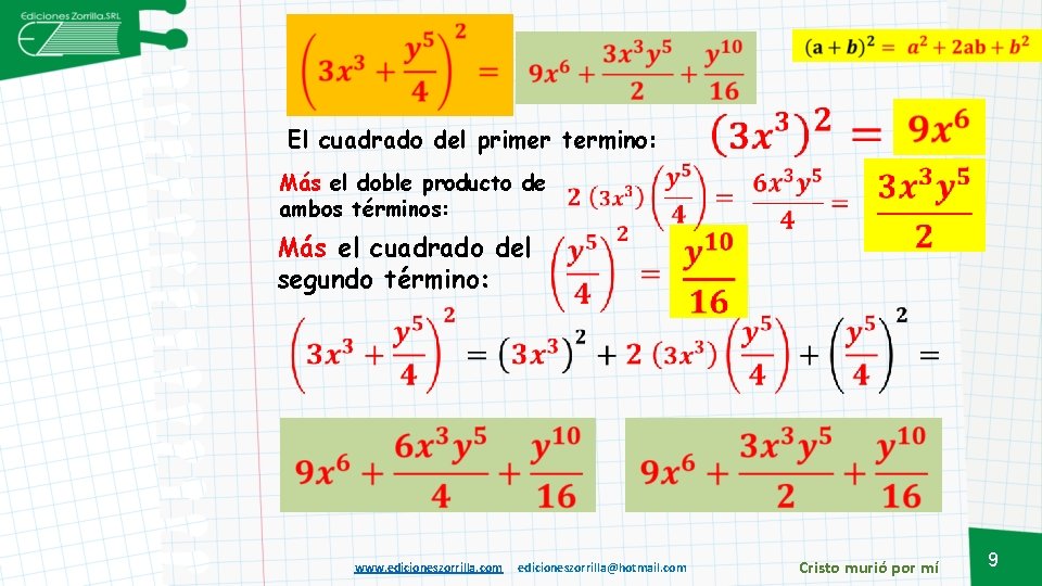  El cuadrado del primer termino: Más el doble producto de ambos términos: Más