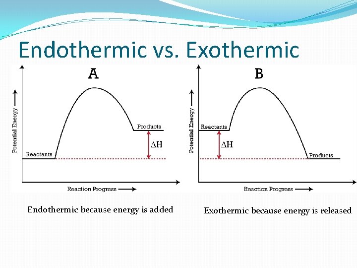 Endothermic vs. Exothermic Endothermic because energy is added Exothermic because energy is released 