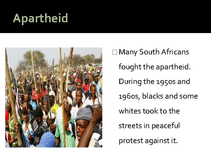 Apartheid � Many South Africans fought the apartheid. During the 1950 s and 1960