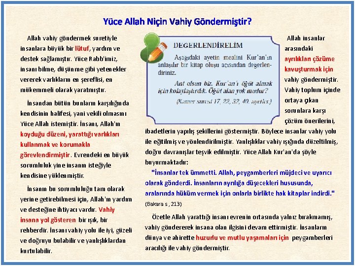 Allah vahiy göndermek suretiyle insanlara büyük bir lütuf, yardım ve destek sağlamıştır. Yüce Rabb'imiz,