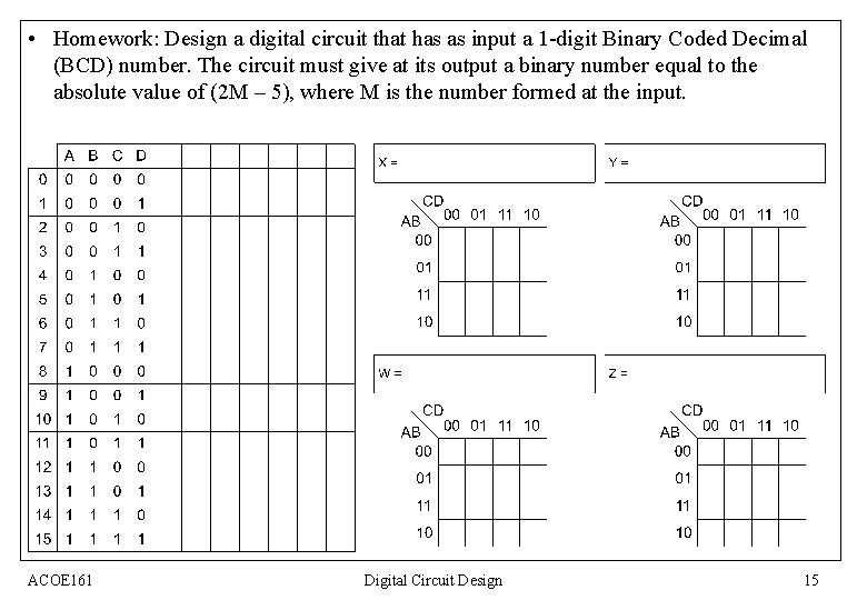  • Homework: Design a digital circuit that has as input a 1 -digit