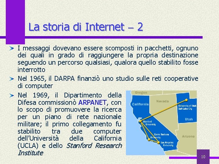 La storia di Internet 2 I messaggi dovevano essere scomposti in pacchetti, ognuno dei