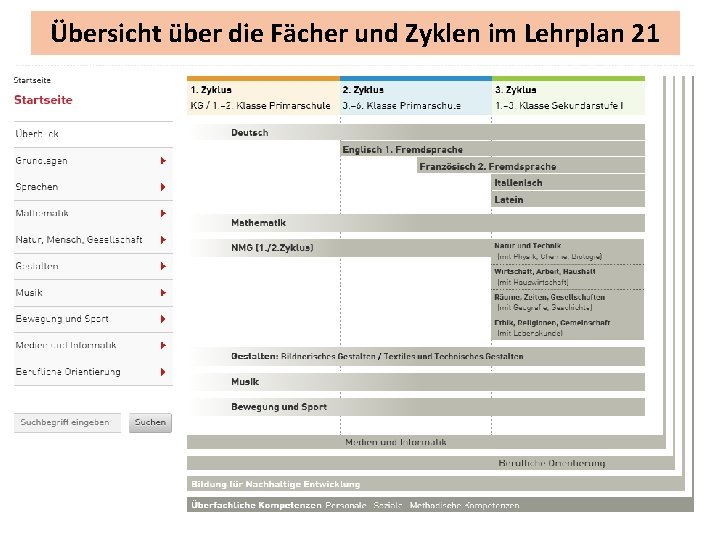 Übersicht über die Fächer und Zyklen im Lehrplan 21 