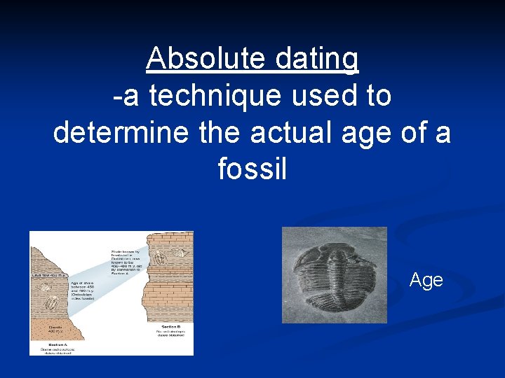 Absolute dating -a technique used to determine the actual age of a fossil Age