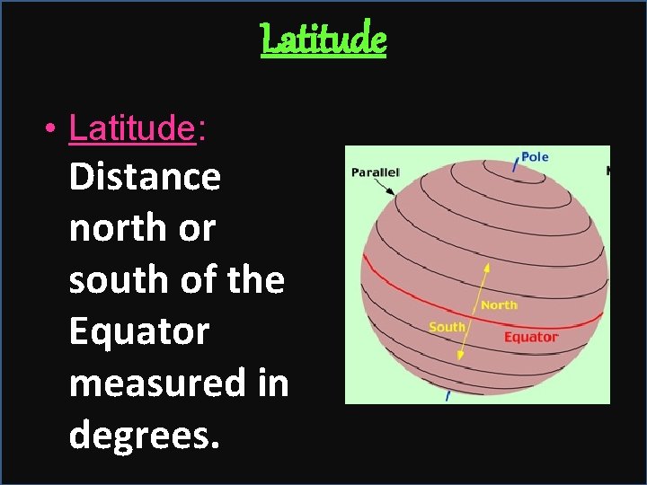 Latitude • Latitude: Distance north or south of the Equator measured in degrees. 