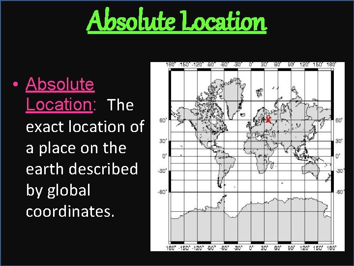 Absolute Location • Absolute Location: The exact location of a place on the earth