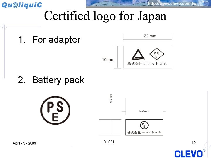 Certified logo for Japan 1. For adapter 2. Battery pack April - 9 -