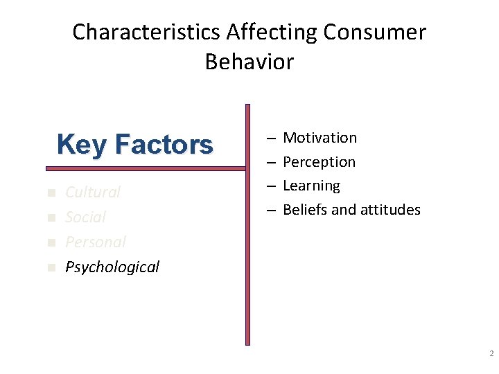 Characteristics Affecting Consumer Behavior Key Factors n n Cultural Social Personal Psychological – –