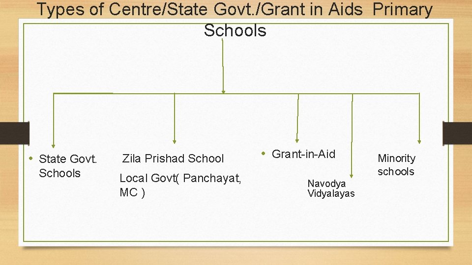 Types of Centre/State Govt. /Grant in Aids Primary Schools • State Govt. Schools Zila