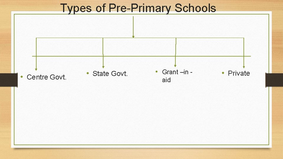 Types of Pre Primary Schools • Centre Govt. • State Govt. • Grant –in