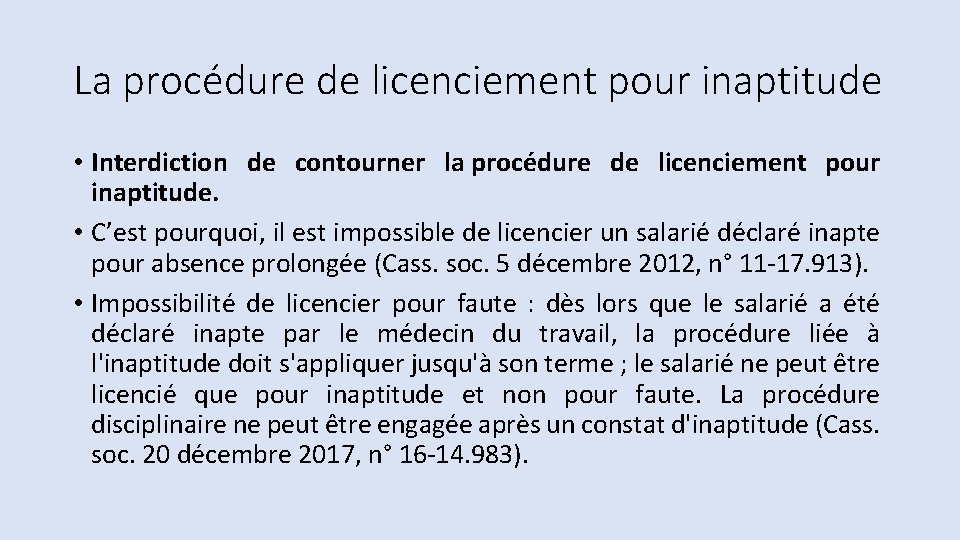 La procédure de licenciement pour inaptitude • Interdiction de contourner la procédure de licenciement