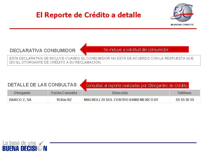 El Reporte de Crédito a detalle DECLARATIVA CONSUMIDOR Se incluye a solicitud del consumidor