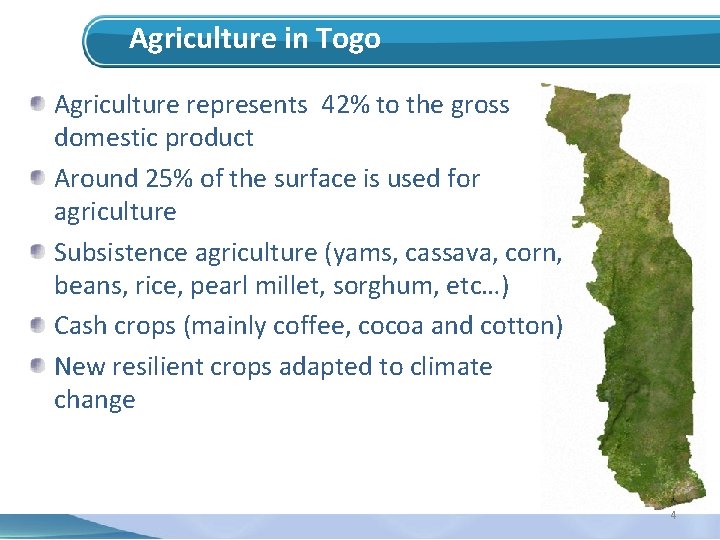 Agriculture in Togo Agriculture represents 42% to the gross domestic product Around 25% of