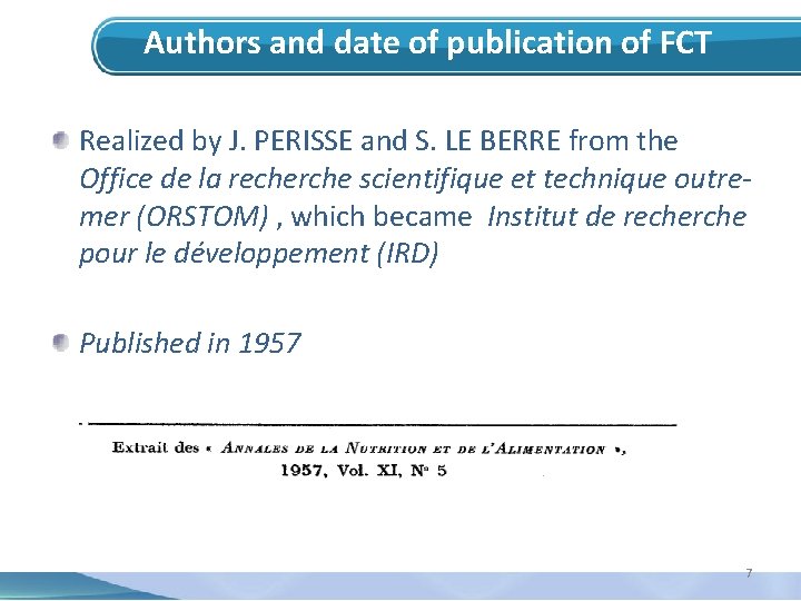 Authors and date of publication of FCT Realized by J. PERISSE and S. LE