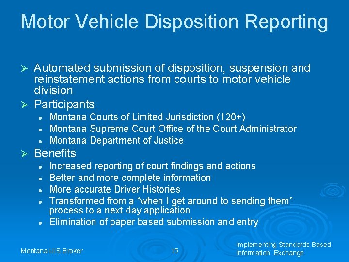 Motor Vehicle Disposition Reporting Automated submission of disposition, suspension and reinstatement actions from courts