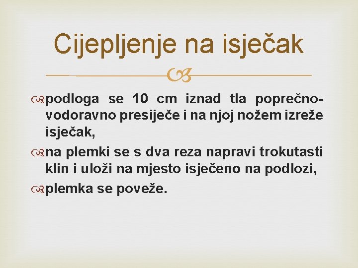 Cijepljenje na isječak podloga se 10 cm iznad tla poprečnovodoravno presiječe i na njoj
