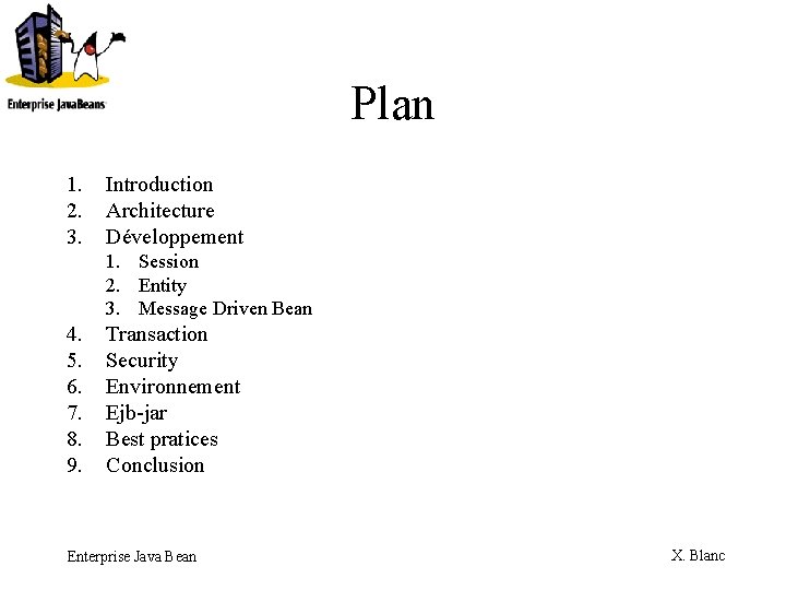 Plan 1. 2. 3. Introduction Architecture Développement 1. Session 2. Entity 3. Message Driven