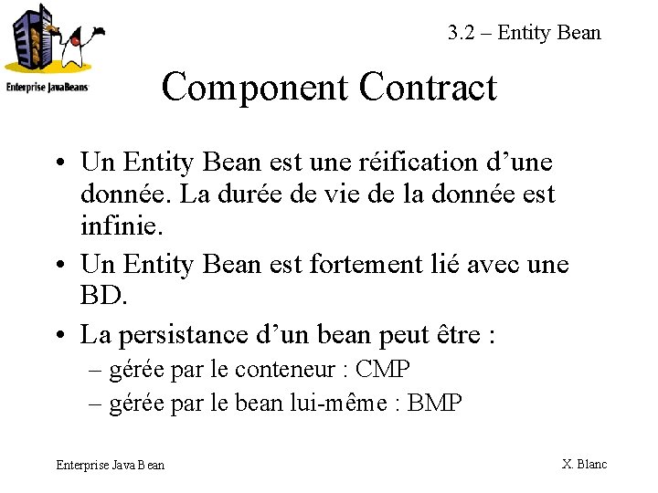 3. 2 – Entity Bean Component Contract • Un Entity Bean est une réification