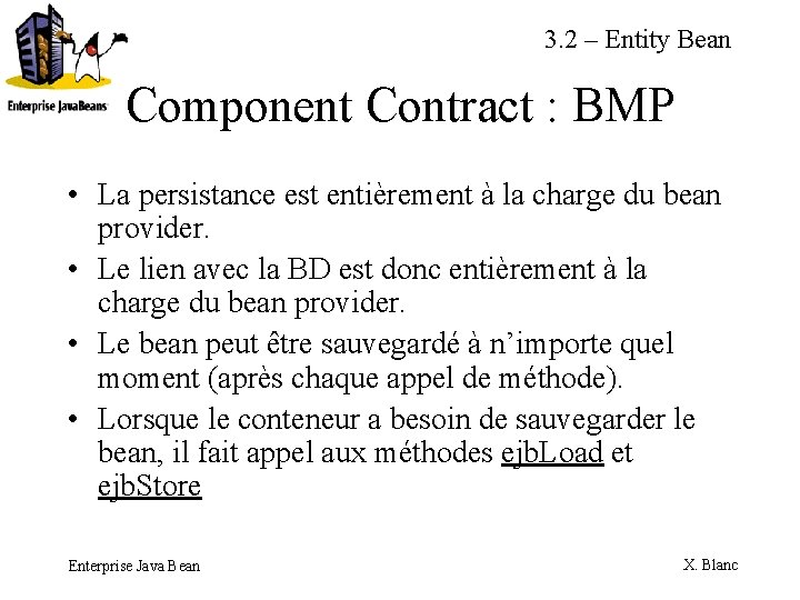 3. 2 – Entity Bean Component Contract : BMP • La persistance est entièrement