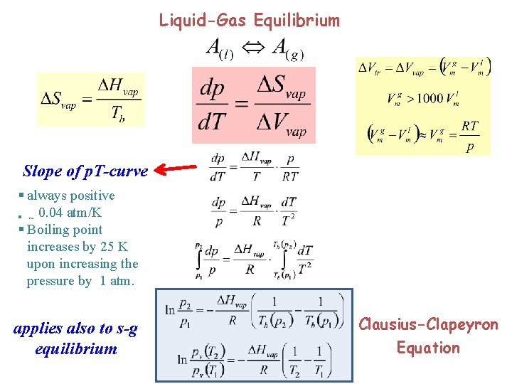 Liquid-Gas Equilibrium Slope of p. T-curve § always positive § ~ 0. 04 atm/K