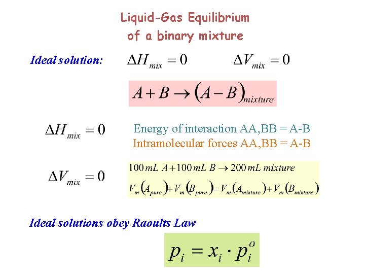 Liquid-Gas Equilibrium of a binary mixture Ideal solution: Energy of interaction AA, BB =