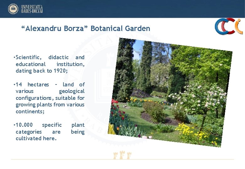 “Alexandru Borza” Botanical Garden • Scientific, didactic and educational institution, dating back to 1920; “Alexandru Borza” Botanical Garden • Scientific, didactic and educational institution, dating back to 1920;