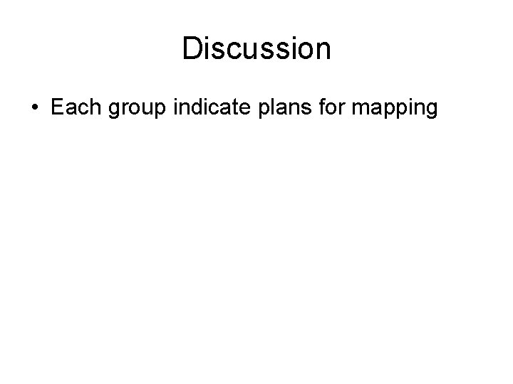 Discussion • Each group indicate plans for mapping Discussion • Each group indicate plans for mapping