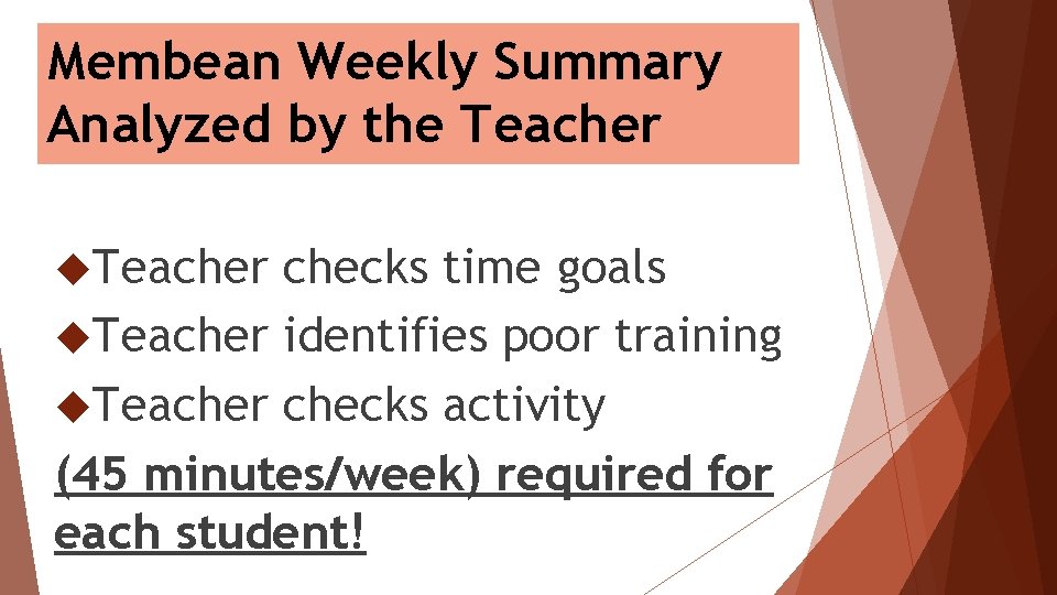 Membean Weekly Summary Analyzed by the Teacher checks time goals Teacher identifies poor training