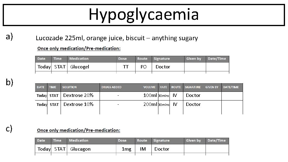 Hypoglycaemia a) Lucozade 225 ml, orange juice, biscuit – anything sugary Today STAT Glucogel