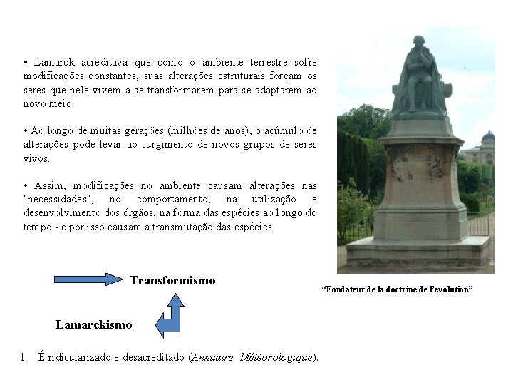  • Lamarck acreditava que como o ambiente terrestre sofre modificações constantes, suas alterações